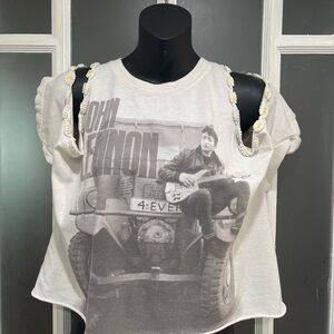 John Lennon Graphic Daisy-off Shoulder White Crop Tank